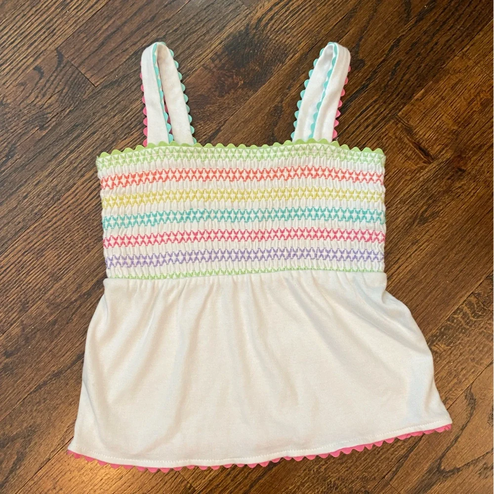 Gymboree- cotton Smocked White Tank Top Pastel Rainbow Stripe Accents girls 5T